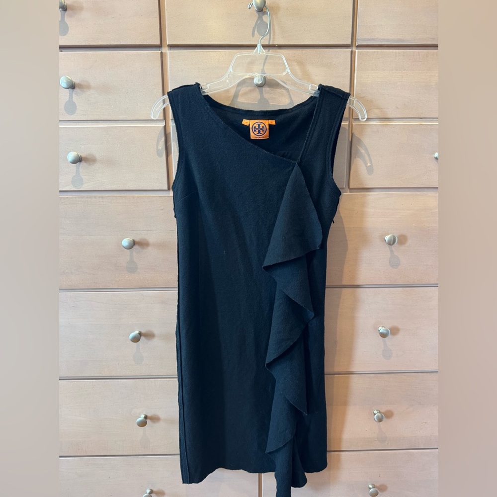 Tory Burch Asymmetrical Ruffled Black Sheath Dress. Size XS.